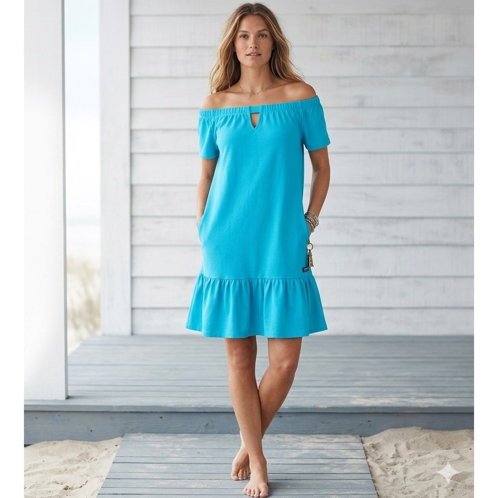 Lands' End Turquoise Ruffle Dress L Coastal Chic Beachy Summer Vacationcore